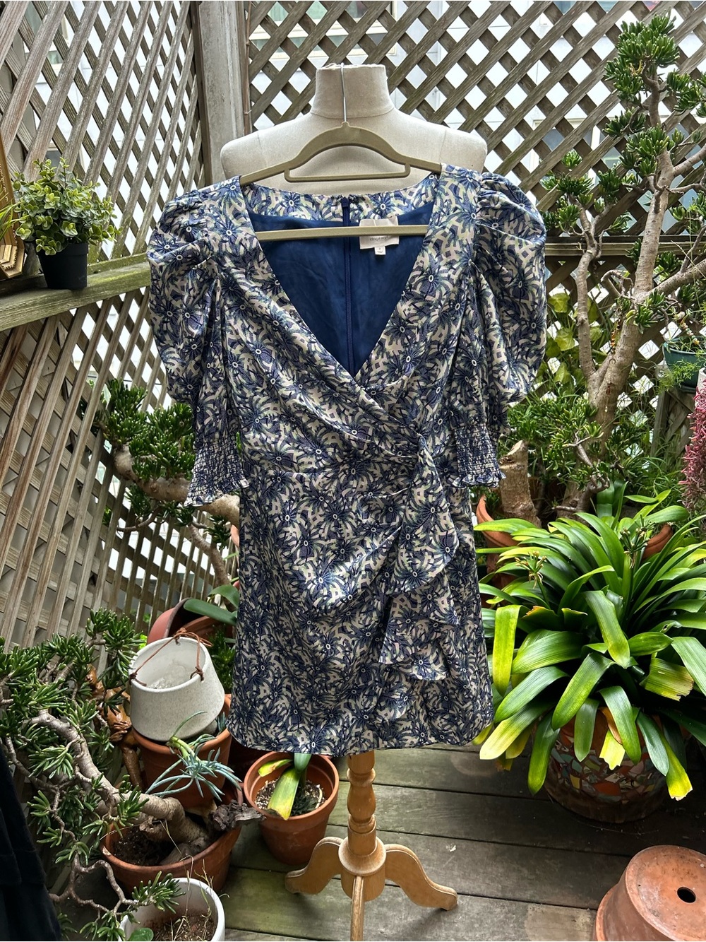 cinq a sept Blue and Cream Floral Wrap Top